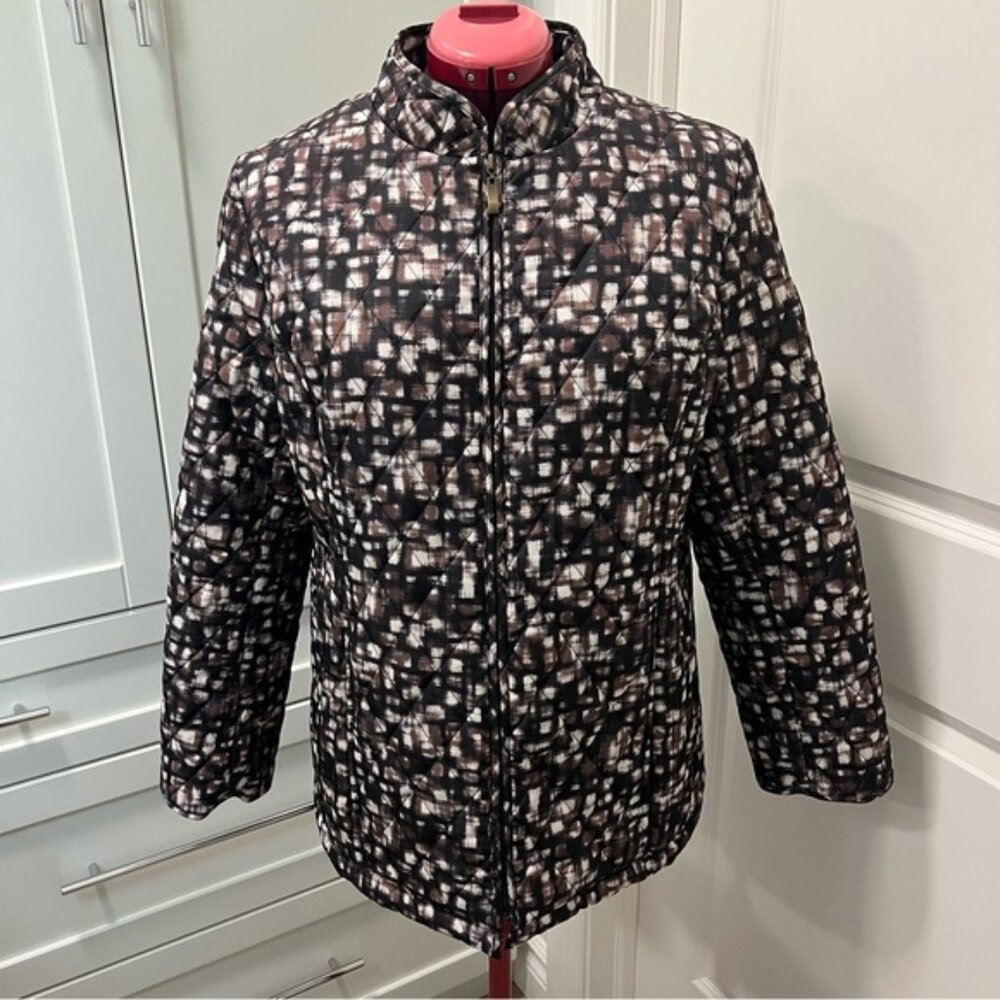 Like New NORTHERN REFLECTIONS Brown Black White Patterned Zipper Puffer Jacket